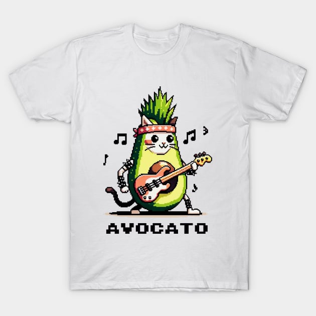 Pixel Punk Cat Guitarist - Avocado Fusion Art T-Shirt by Pixel Punkster